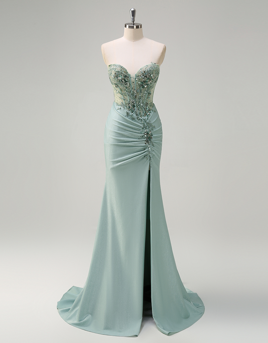 Sparkly Grey Green Mermaid Strapless Corset Sequined Long Prom Dress with Slit