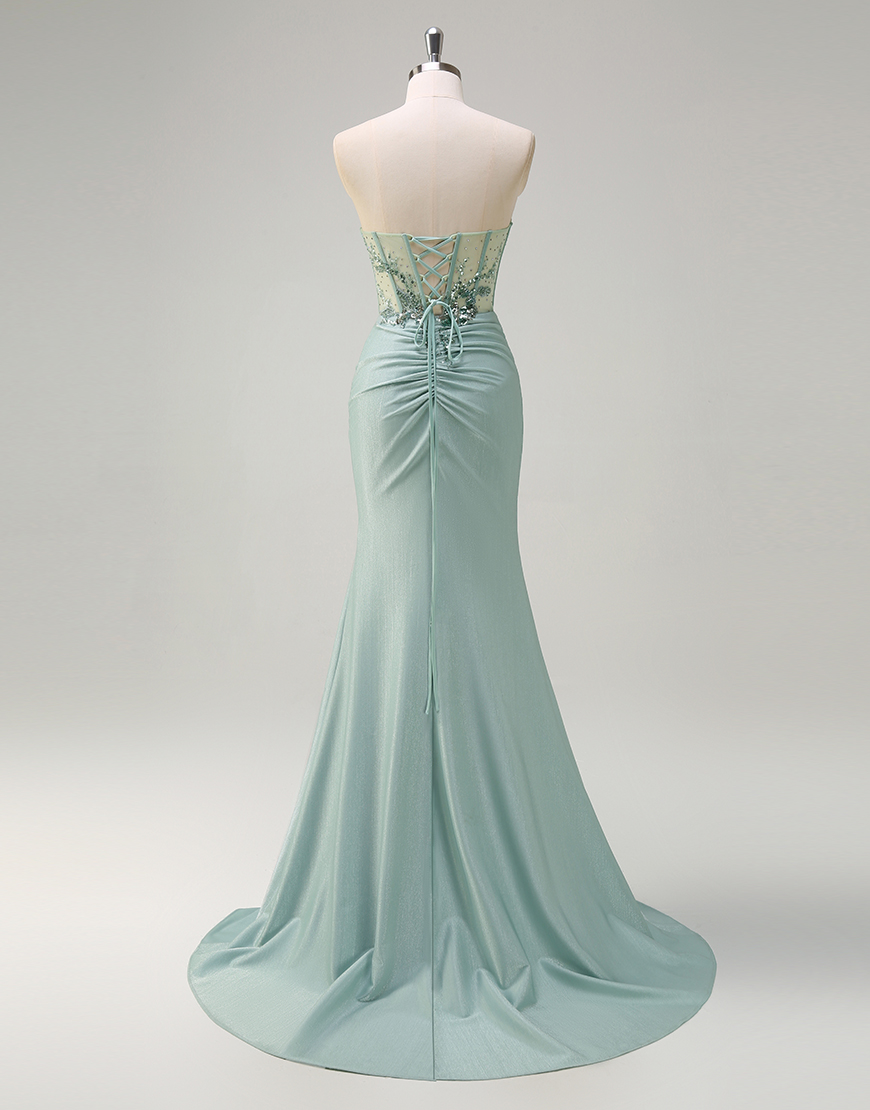Sparkly Grey Green Mermaid Strapless Corset Sequined Long Prom Dress with Slit