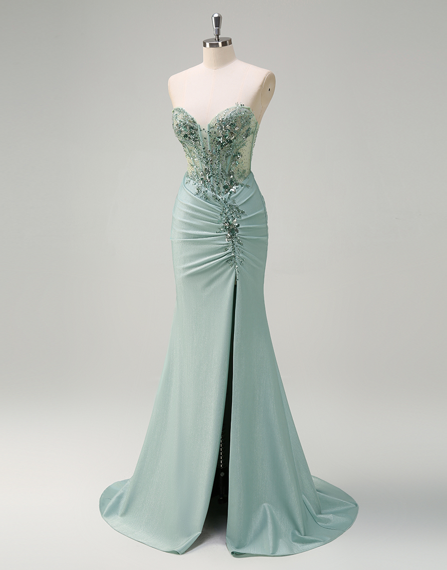 Sparkly Grey Green Mermaid Strapless Corset Sequined Long Prom Dress with Slit
