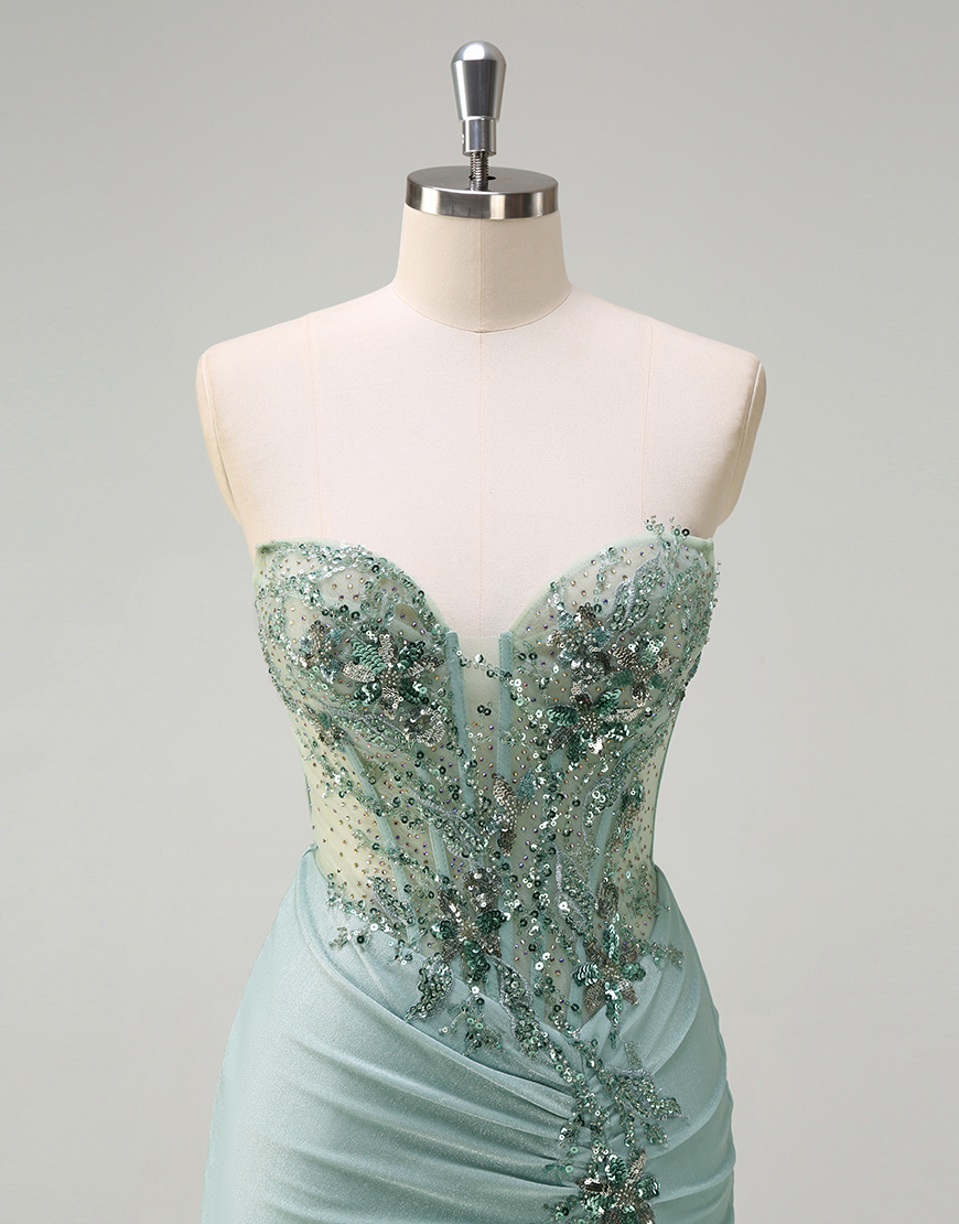 Sparkly Grey Green Mermaid Strapless Corset Sequined Long Prom Dress with Slit