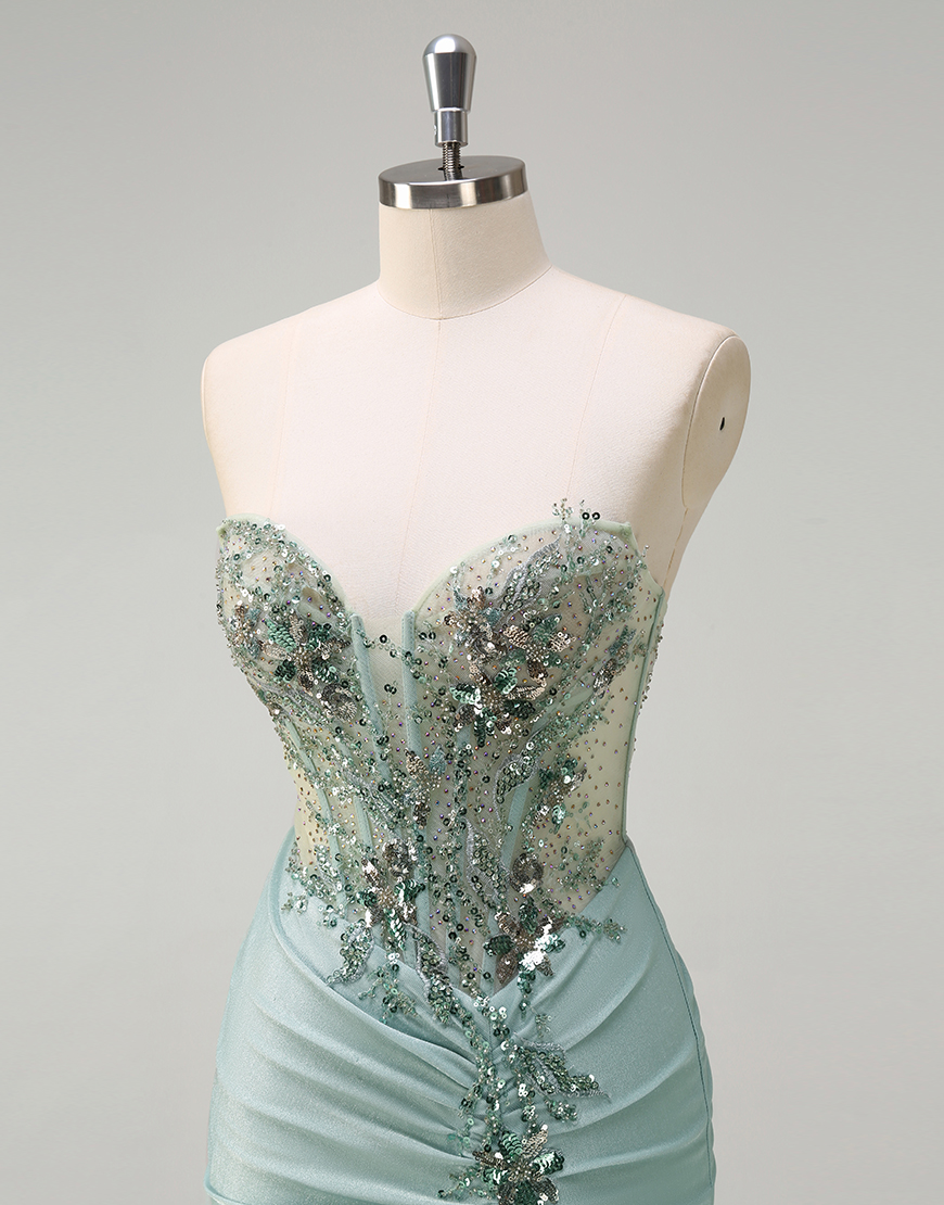 Sparkly Grey Green Mermaid Strapless Corset Sequined Long Prom Dress with Slit