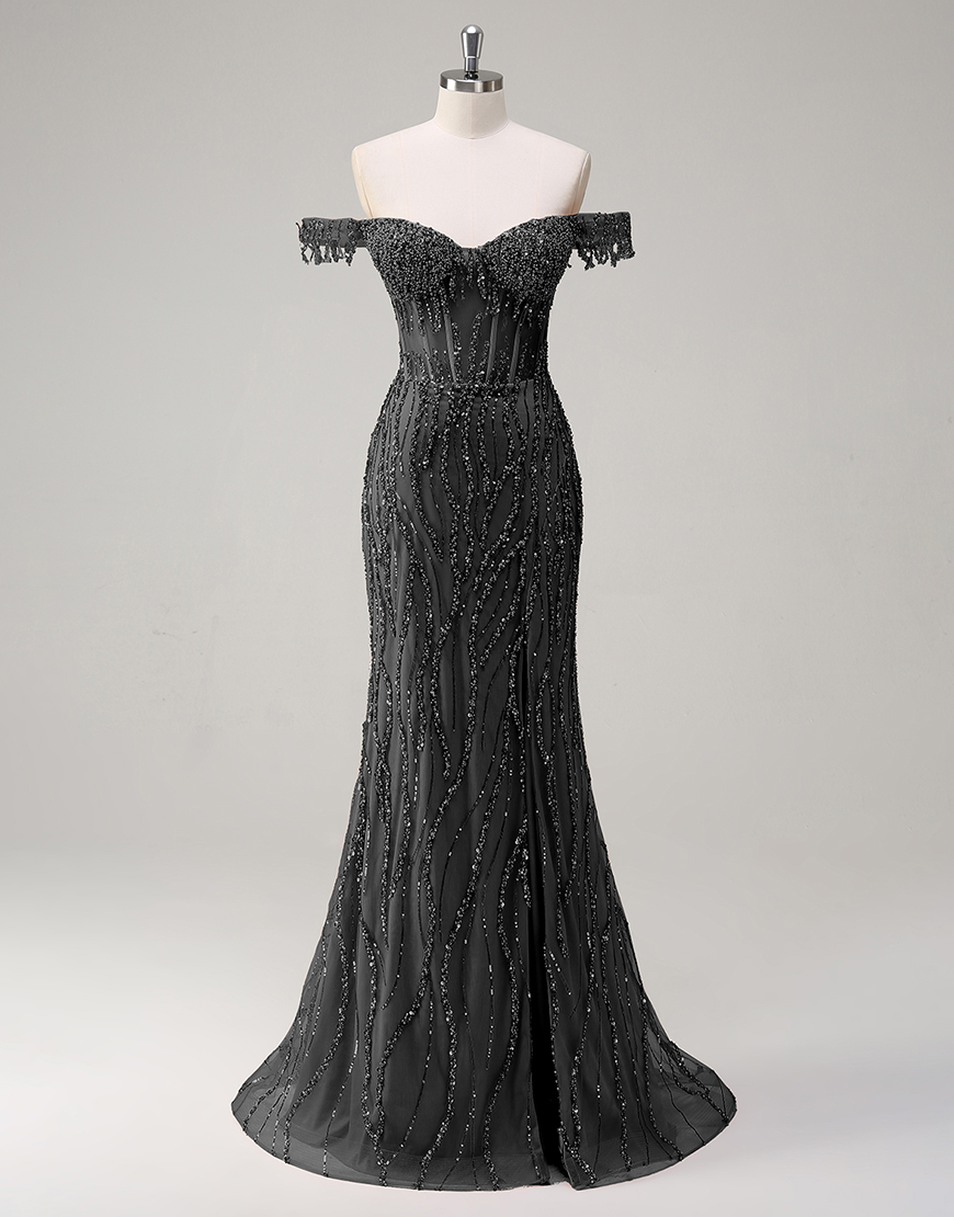 Sparkly Dusty Rose Mermaid Off The Shoulder Long Prom Dress with Beading