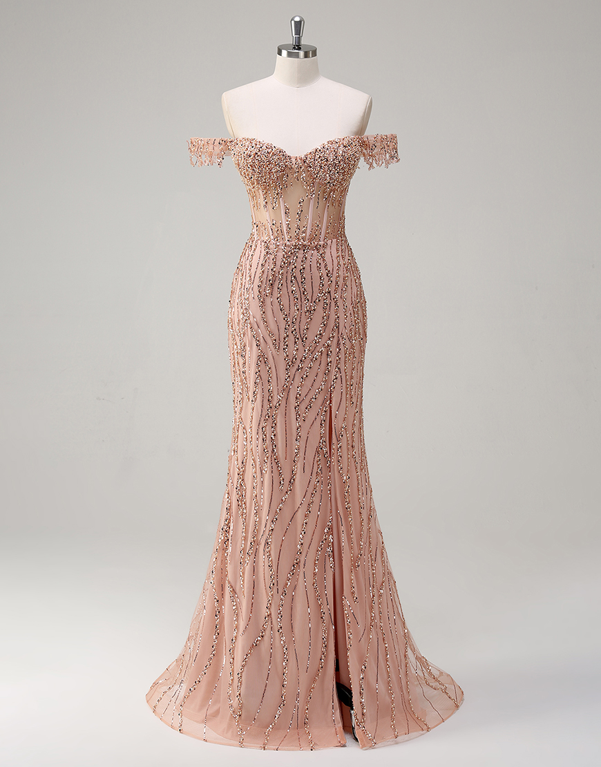 Sparkly Dusty Rose Mermaid Off The Shoulder Long Prom Dress with Beading