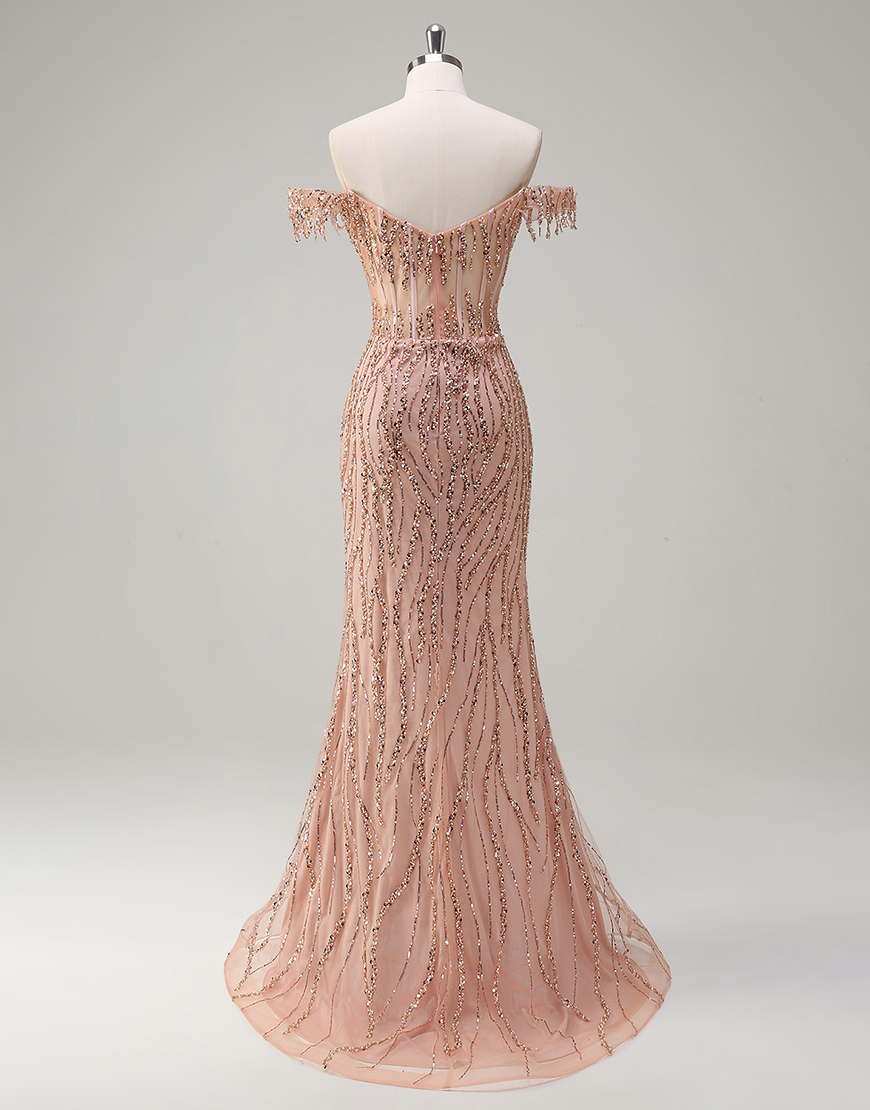 Sparkly Dusty Rose Mermaid Off The Shoulder Long Prom Dress with Beading