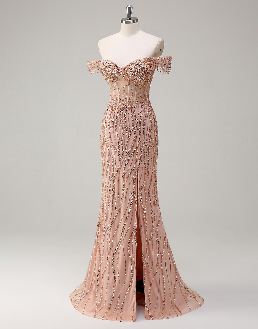 Sparkly Dusty Rose Mermaid Off The Shoulder Long Prom Dress with Beading