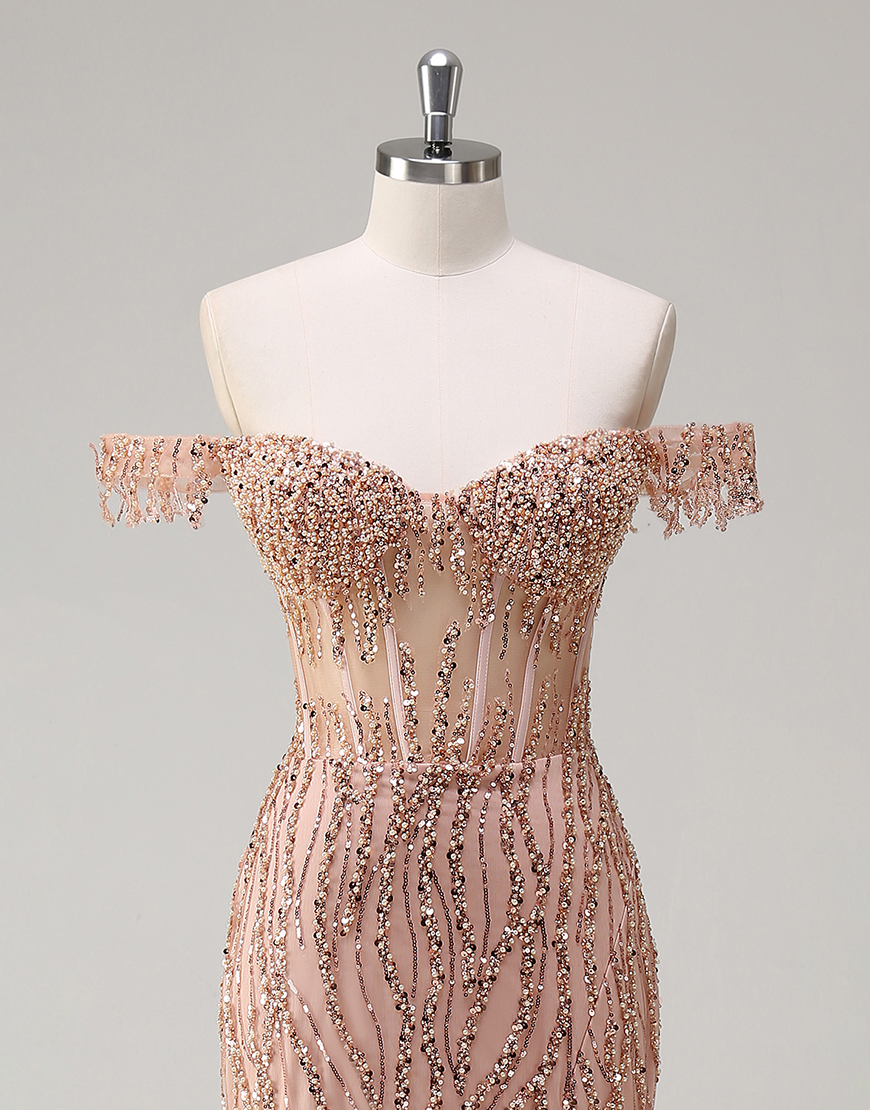 Sparkly Dusty Rose Mermaid Off The Shoulder Long Prom Dress with Beading