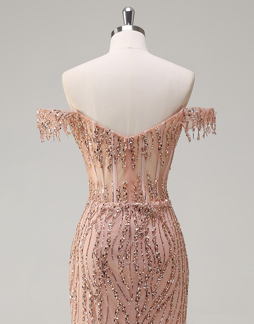 Sparkly Dusty Rose Mermaid Off The Shoulder Long Prom Dress with Beading