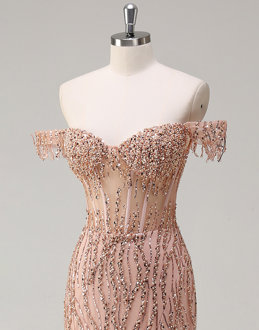 Sparkly Dusty Rose Mermaid Off The Shoulder Long Prom Dress with Beading