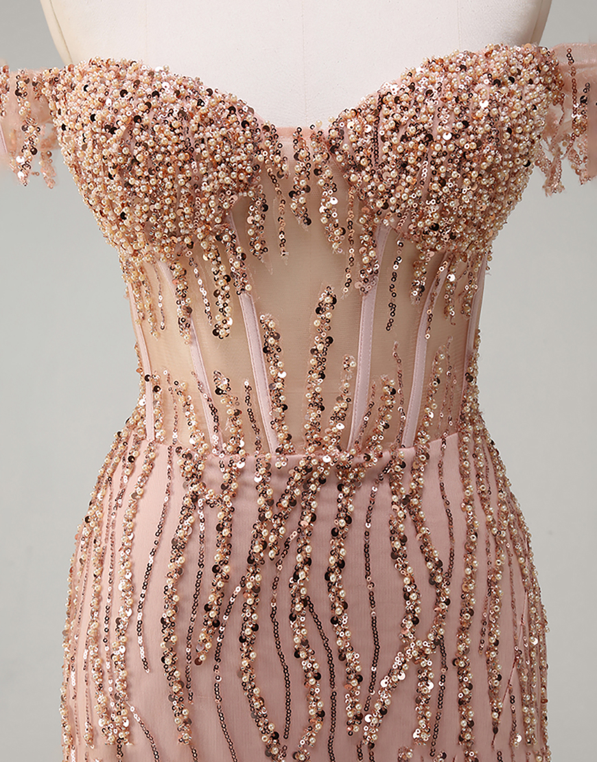 Sparkly Dusty Rose Mermaid Off The Shoulder Long Prom Dress with Beading
