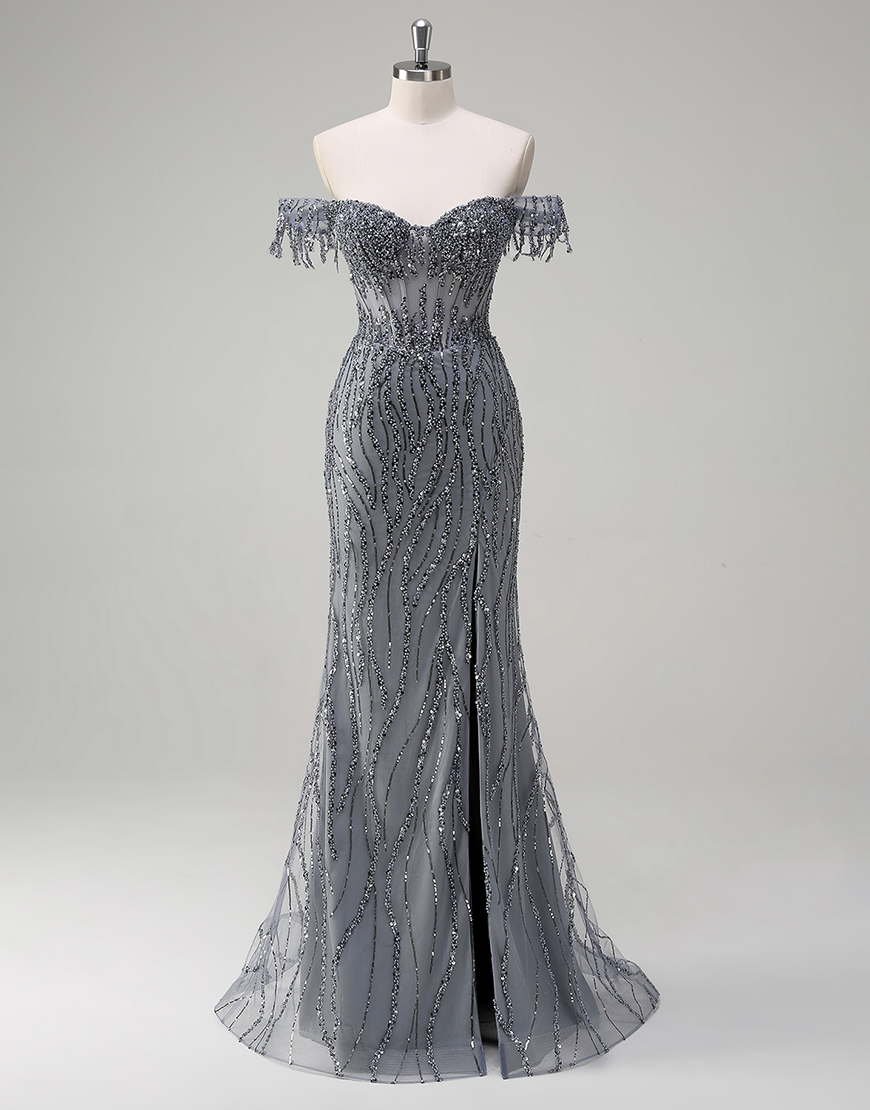 Sparkly Dusty Rose Mermaid Off The Shoulder Long Prom Dress with Beading