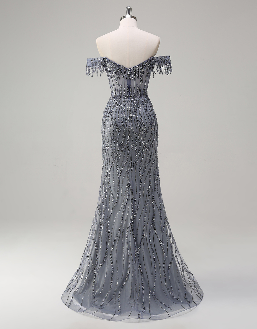 Sparkly Dusty Rose Mermaid Off The Shoulder Long Prom Dress with Beading