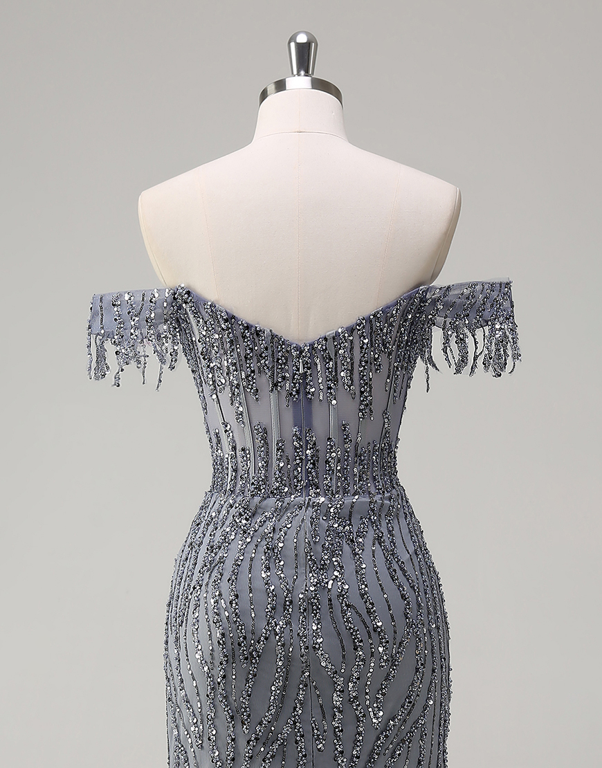 Sparkly Dusty Rose Mermaid Off The Shoulder Long Prom Dress with Beading