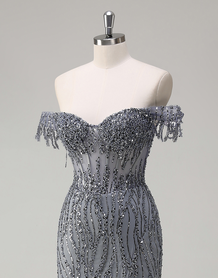 Sparkly Dusty Rose Mermaid Off The Shoulder Long Prom Dress with Beading