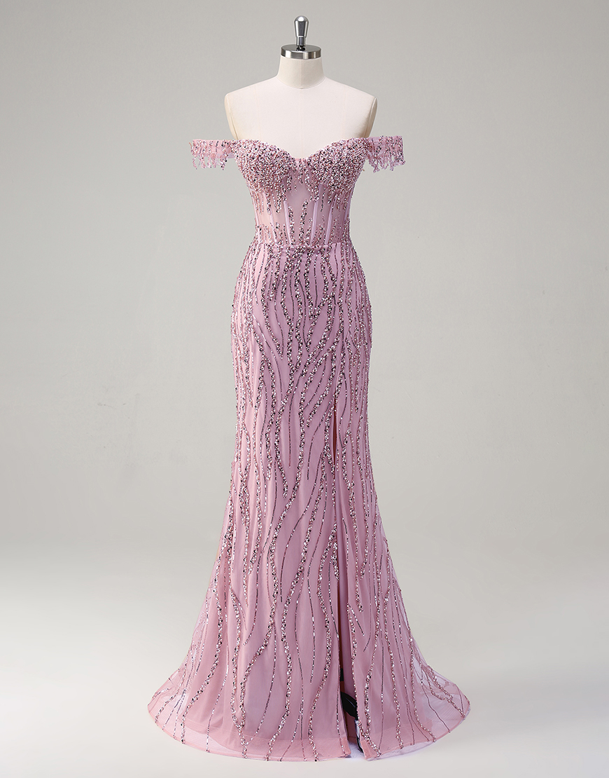 Sparkly Dusty Rose Mermaid Off The Shoulder Long Prom Dress with Beading