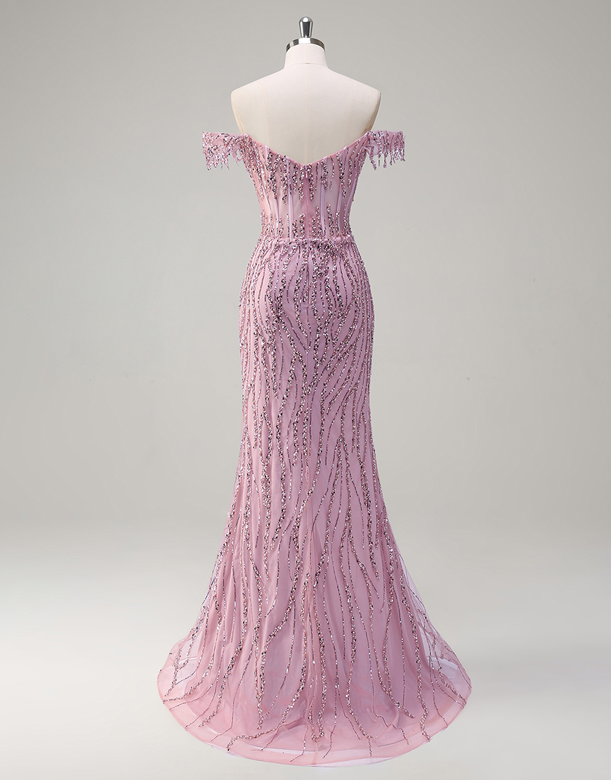 Sparkly Dusty Rose Mermaid Off The Shoulder Long Prom Dress with Beading