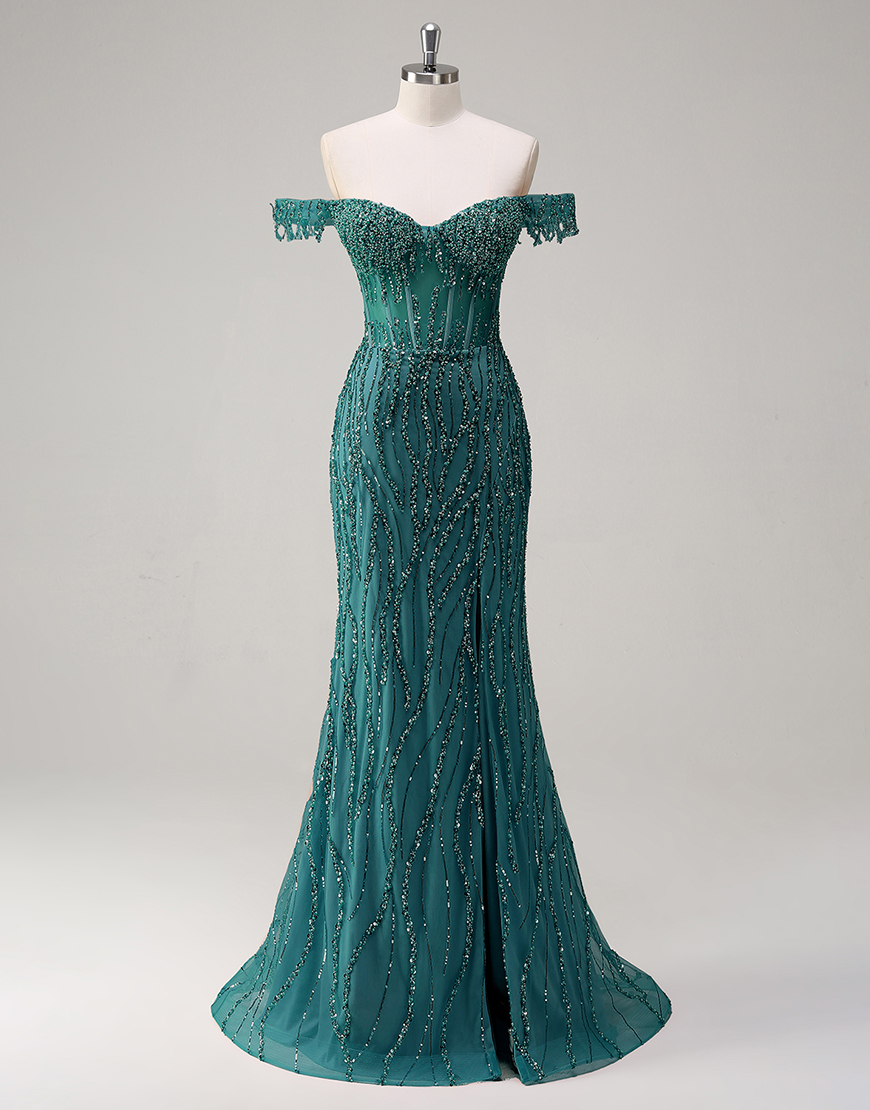 Sparkly Dusty Rose Mermaid Off The Shoulder Long Prom Dress with Beading