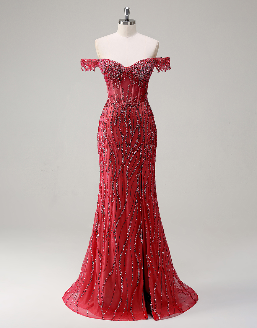 Sparkly Dusty Rose Mermaid Off The Shoulder Long Prom Dress with Beading