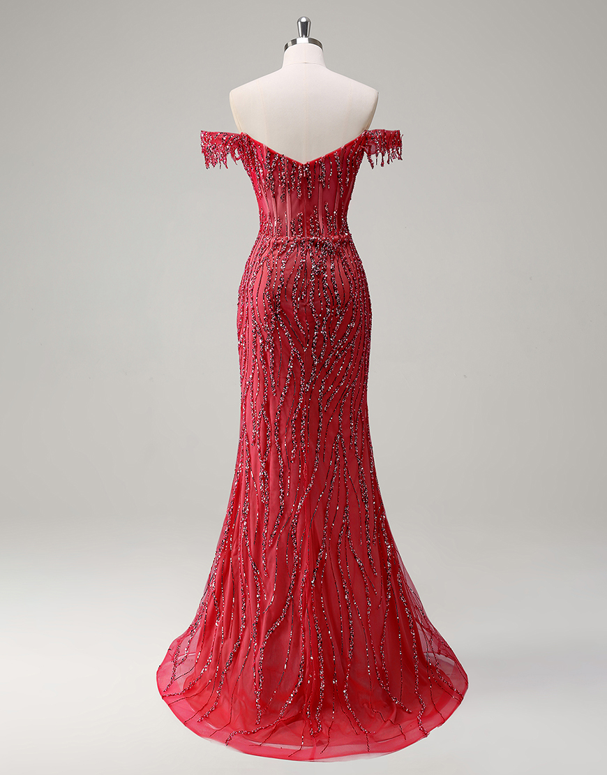 Sparkly Dusty Rose Mermaid Off The Shoulder Long Prom Dress with Beading