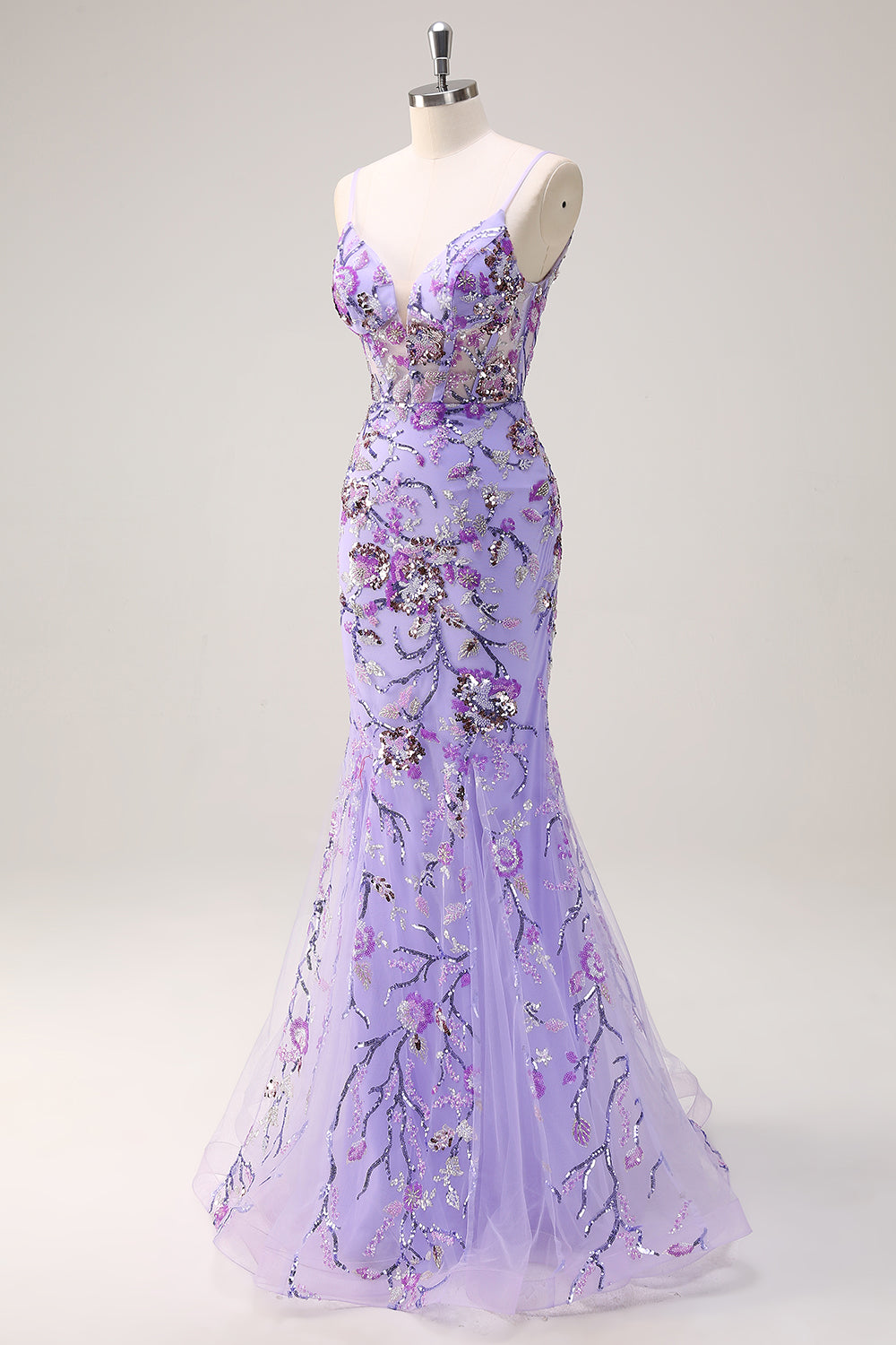 Sparkly Purple Mermaid Beaded Spaghetti Straps Long Prom Dress