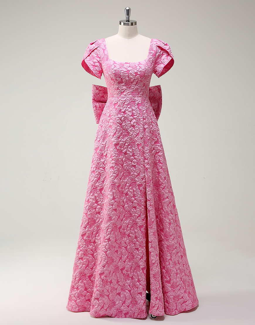 A-Line Pink Square Collar Appliques Split Long Prom Dress with Bow Tie Back