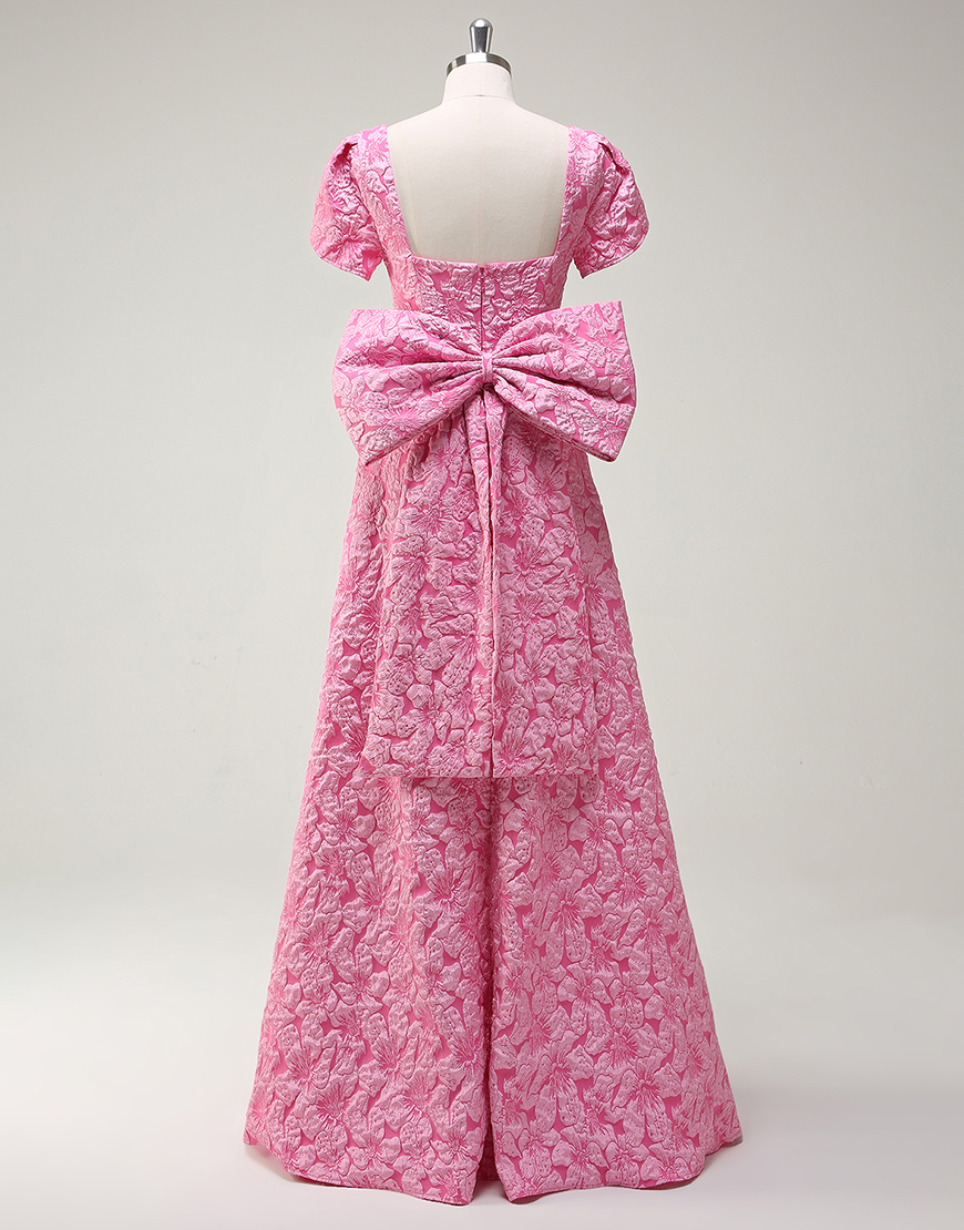 A-Line Pink Square Collar Appliques Split Long Prom Dress with Bow Tie Back