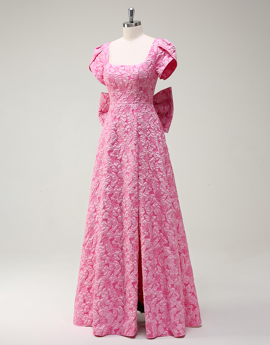 A-Line Pink Square Collar Appliques Split Long Prom Dress with Bow Tie Back