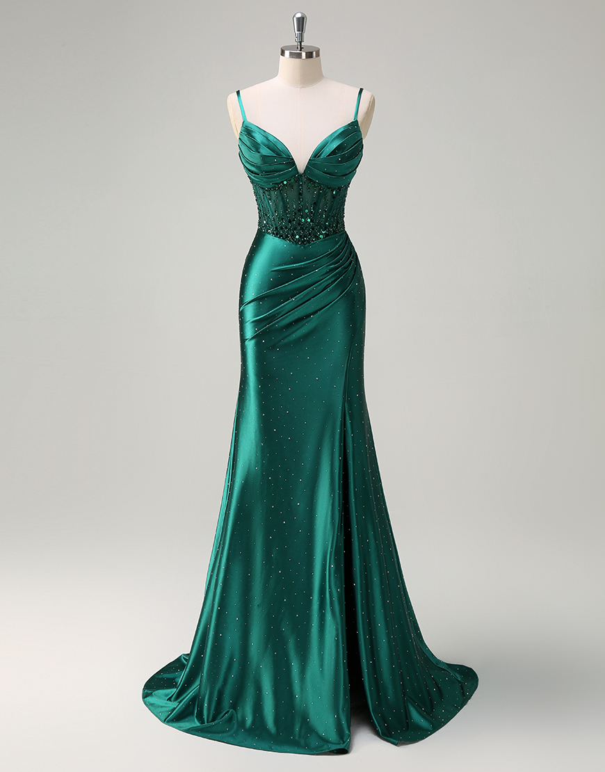 Sparkly Dark Green Mermaid Spaghetti Straps Sequined Corset Satin Long Prom Dress with Slit