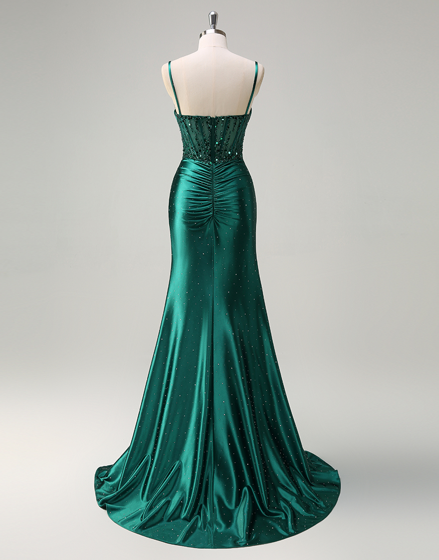 Sparkly Dark Green Mermaid Spaghetti Straps Sequined Corset Satin Long Prom Dress with Slit
