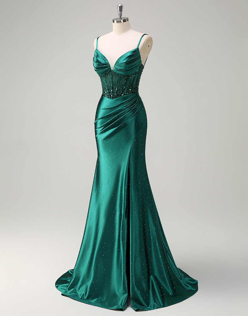 Sparkly Dark Green Mermaid Spaghetti Straps Sequined Corset Satin Long Prom Dress with Slit
