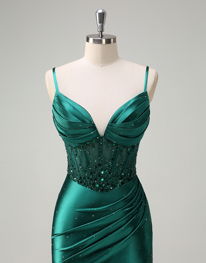 Sparkly Dark Green Mermaid Spaghetti Straps Sequined Corset Satin Long Prom Dress with Slit