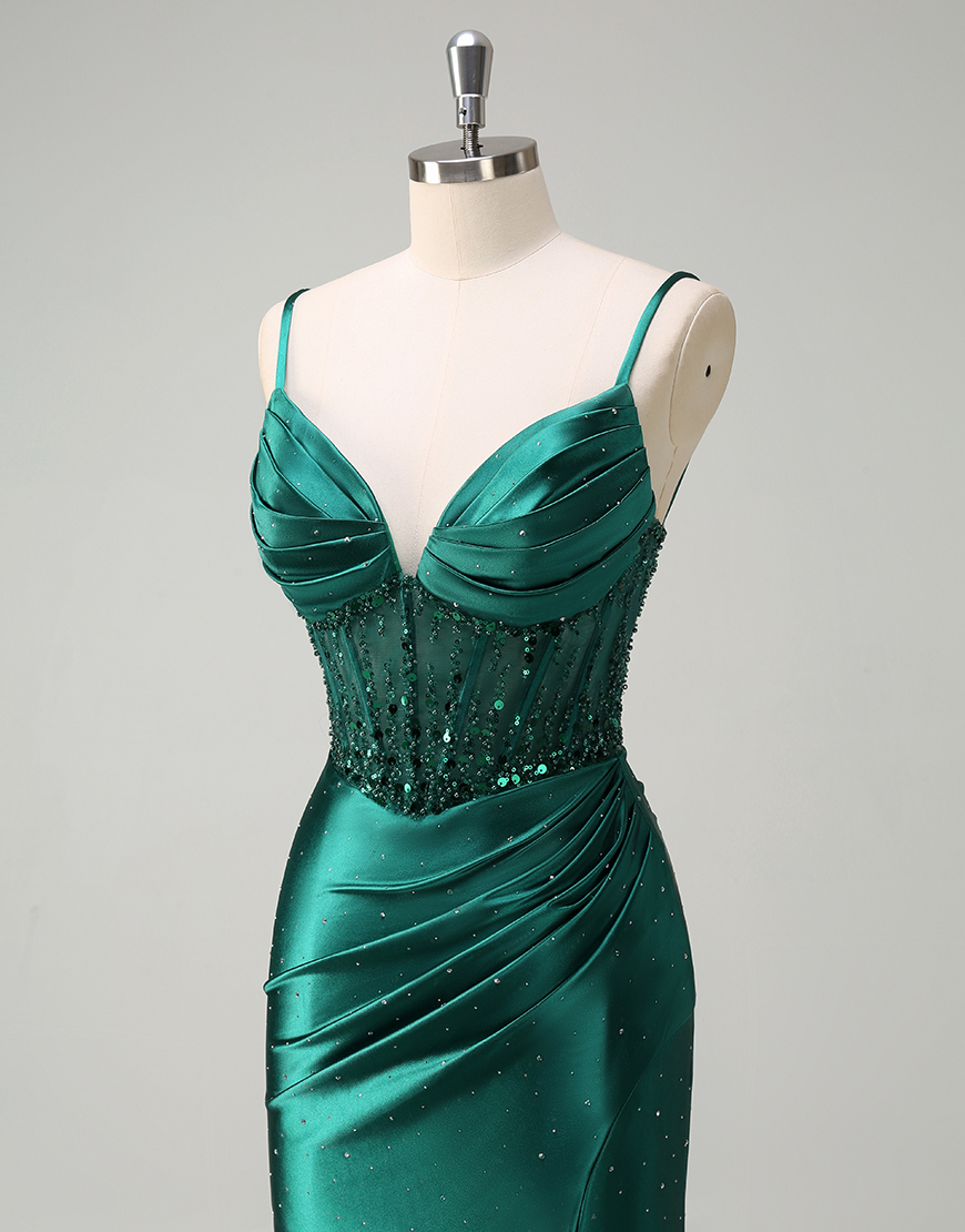 Sparkly Dark Green Mermaid Spaghetti Straps Sequined Corset Satin Long Prom Dress with Slit