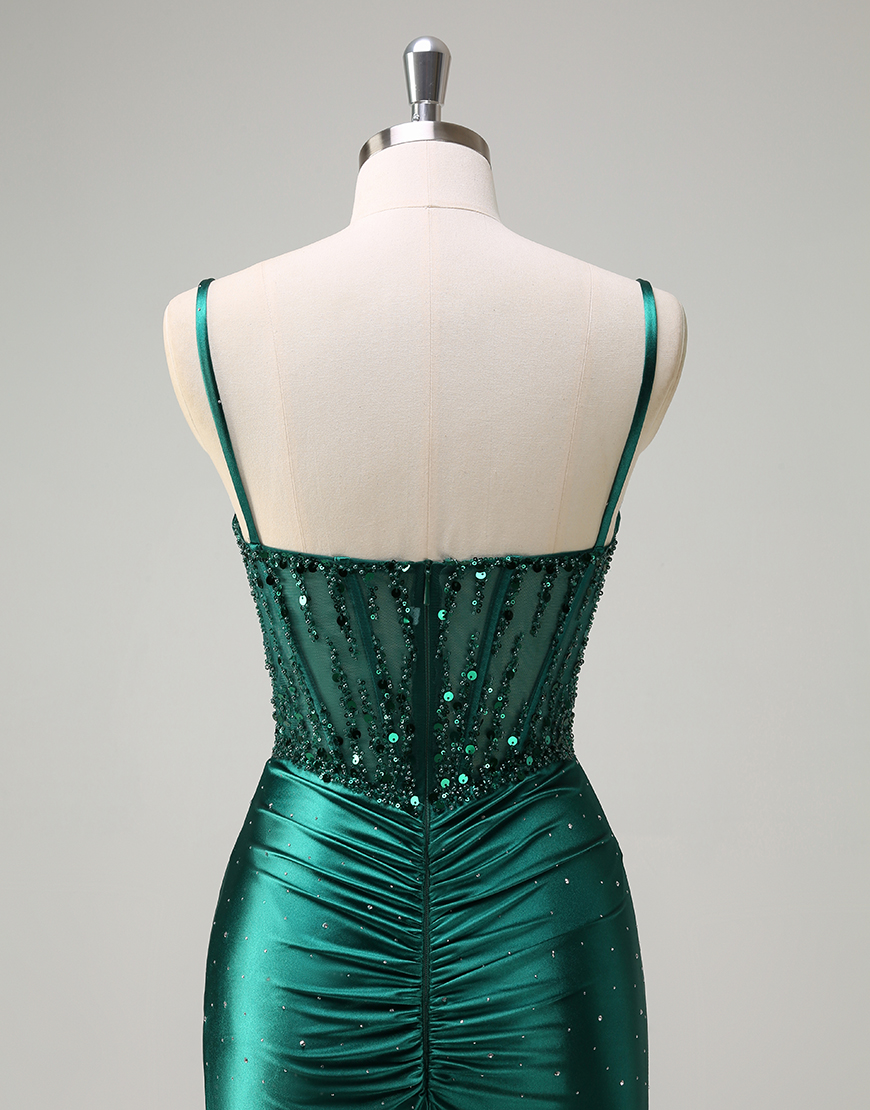 Sparkly Dark Green Mermaid Spaghetti Straps Sequined Corset Satin Long Prom Dress with Slit