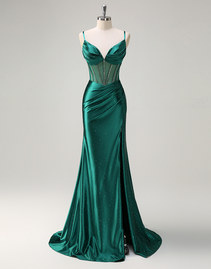 Sparkly Dark Green Mermaid Spaghetti Straps Rhinestones Corset Satin Long Prom Dress with Slit