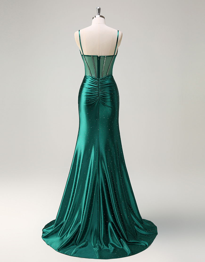 Sparkly Dark Green Mermaid Spaghetti Straps Rhinestones Corset Satin Long Prom Dress with Slit