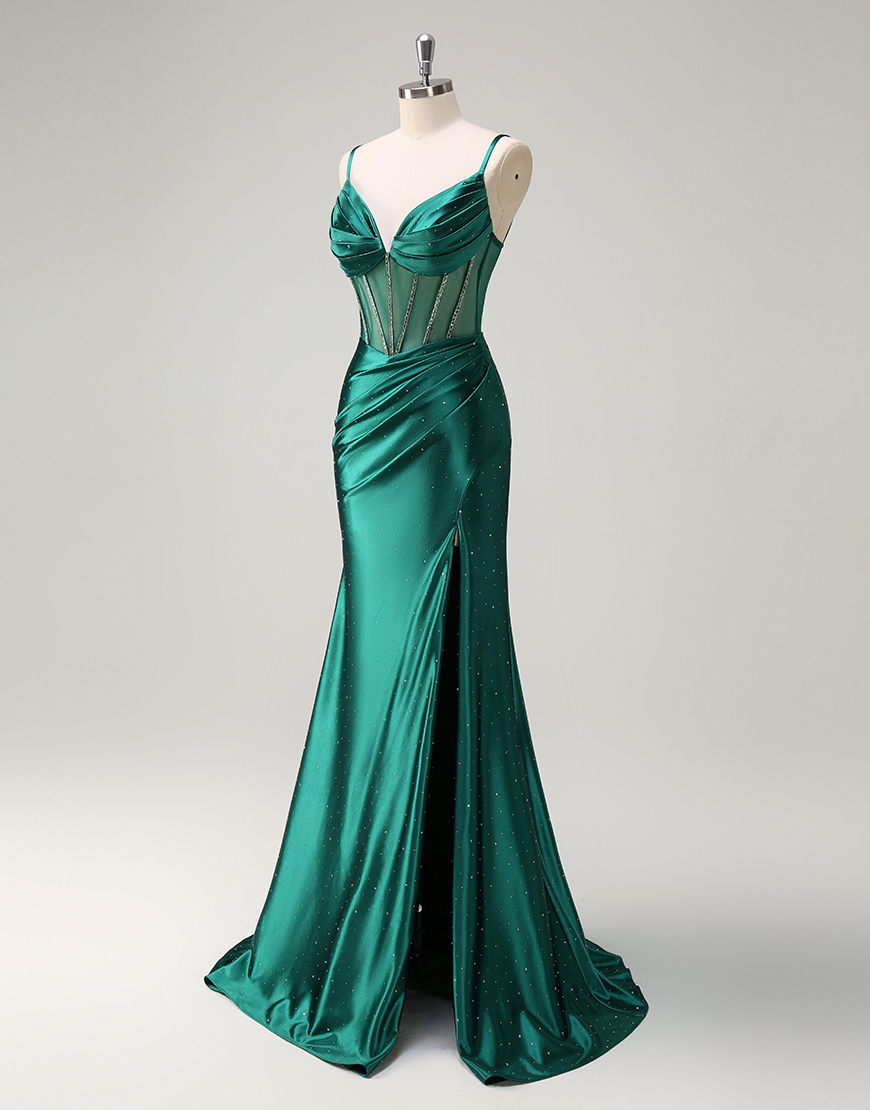 Sparkly Dark Green Mermaid Spaghetti Straps Rhinestones Corset Satin Long Prom Dress with Slit