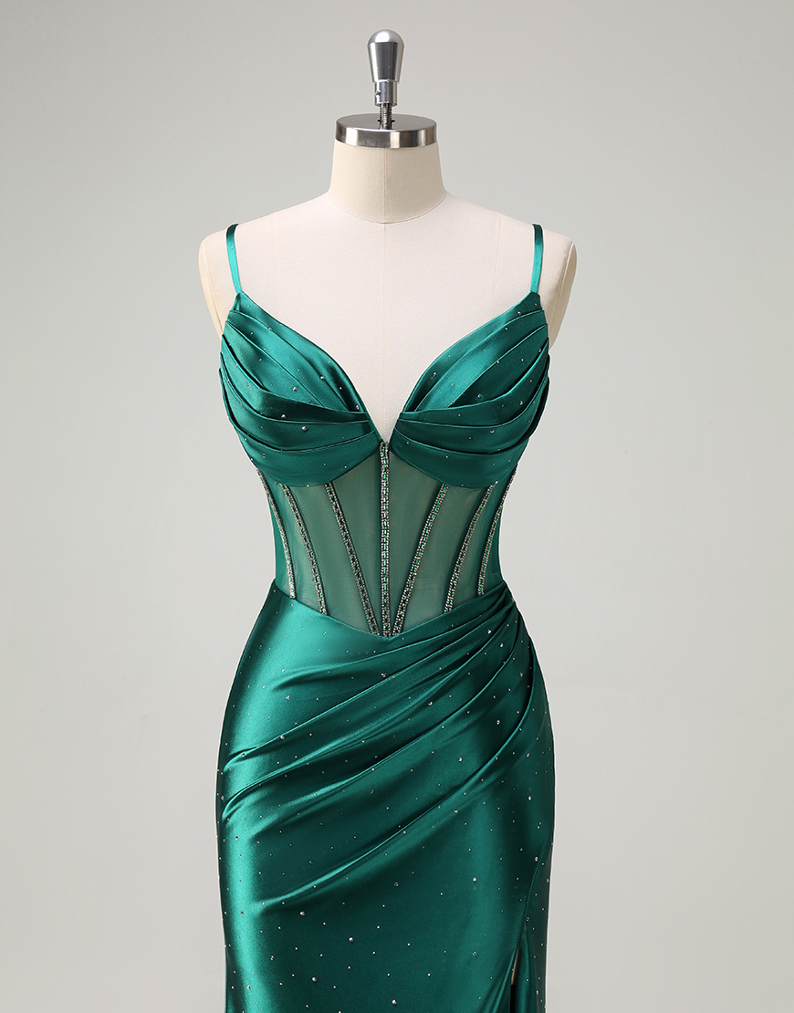 Sparkly Dark Green Mermaid Spaghetti Straps Rhinestones Corset Satin Long Prom Dress with Slit