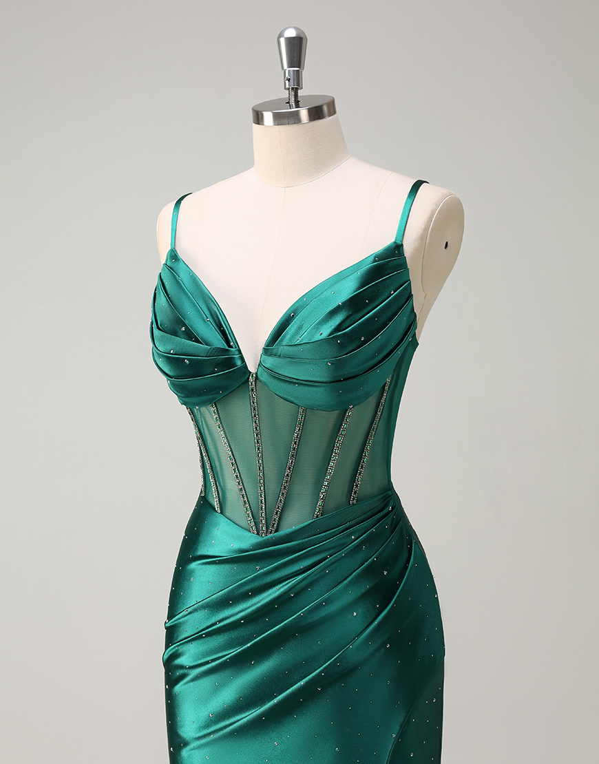 Sparkly Dark Green Mermaid Spaghetti Straps Rhinestones Corset Satin Long Prom Dress with Slit
