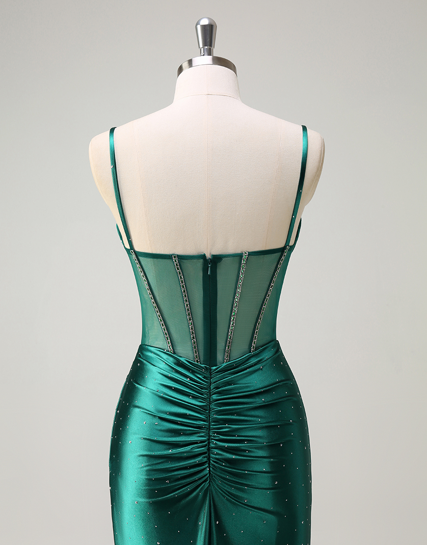 Sparkly Dark Green Mermaid Spaghetti Straps Rhinestones Corset Satin Long Prom Dress with Slit