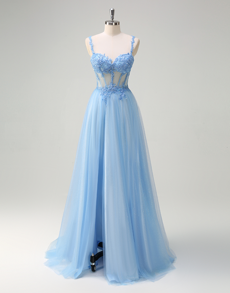 Sparkly Blue A-Line Spaghetti Straps Sequined Appliques Corset Tulle Long Prom Dress with Slit