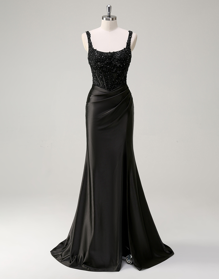 Sparkly Black Mermaid Spaghetti Straps Appliques Beading Long Prom Dress with Slit