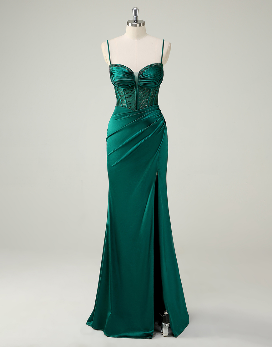 Sparkly Dark Green Mermaid Spaghetti Straps Beaded Satin Evening Dress with Slit