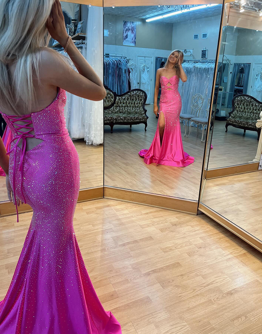 Sparkly Fuchsia Beaded Strapless Mermaid Hollow Out Long Prom Dress with Slit