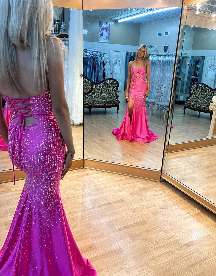 Sparkly Fuchsia Beaded Strapless Mermaid Hollow Out Long Prom Dress with Slit