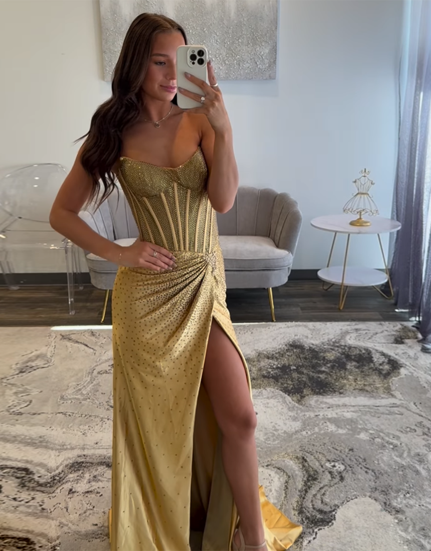 Glitter Golden Mermaid Strapless Beaded Corset Ruched Long Prom Dress with Slit