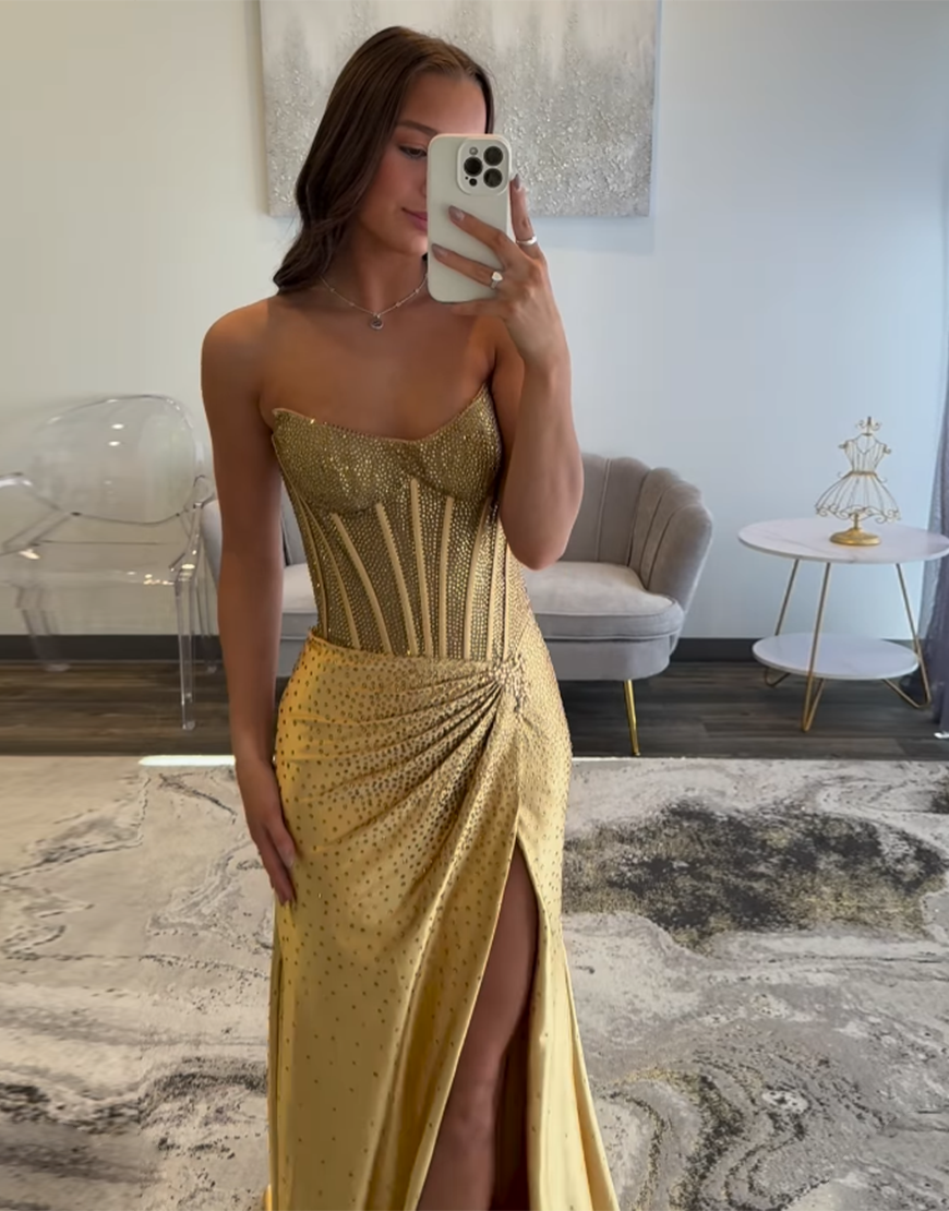 Glitter Golden Mermaid Strapless Beaded Corset Ruched Long Prom Dress with Slit