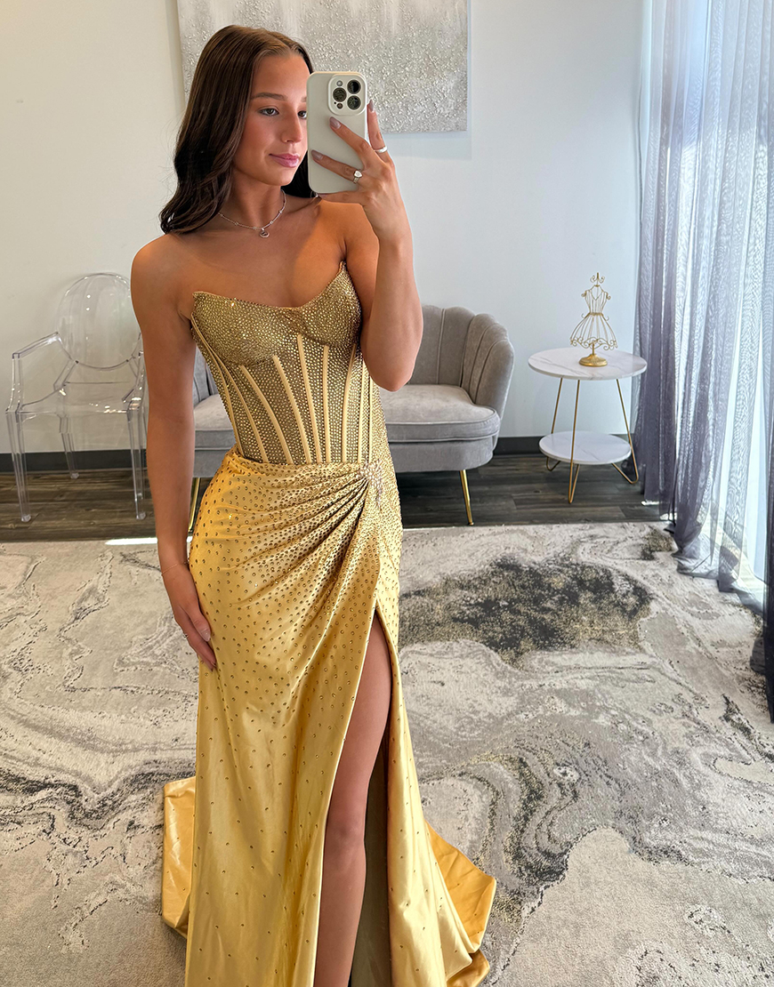 Glitter Golden Mermaid Strapless Beaded Corset Ruched Long Prom Dress with Slit