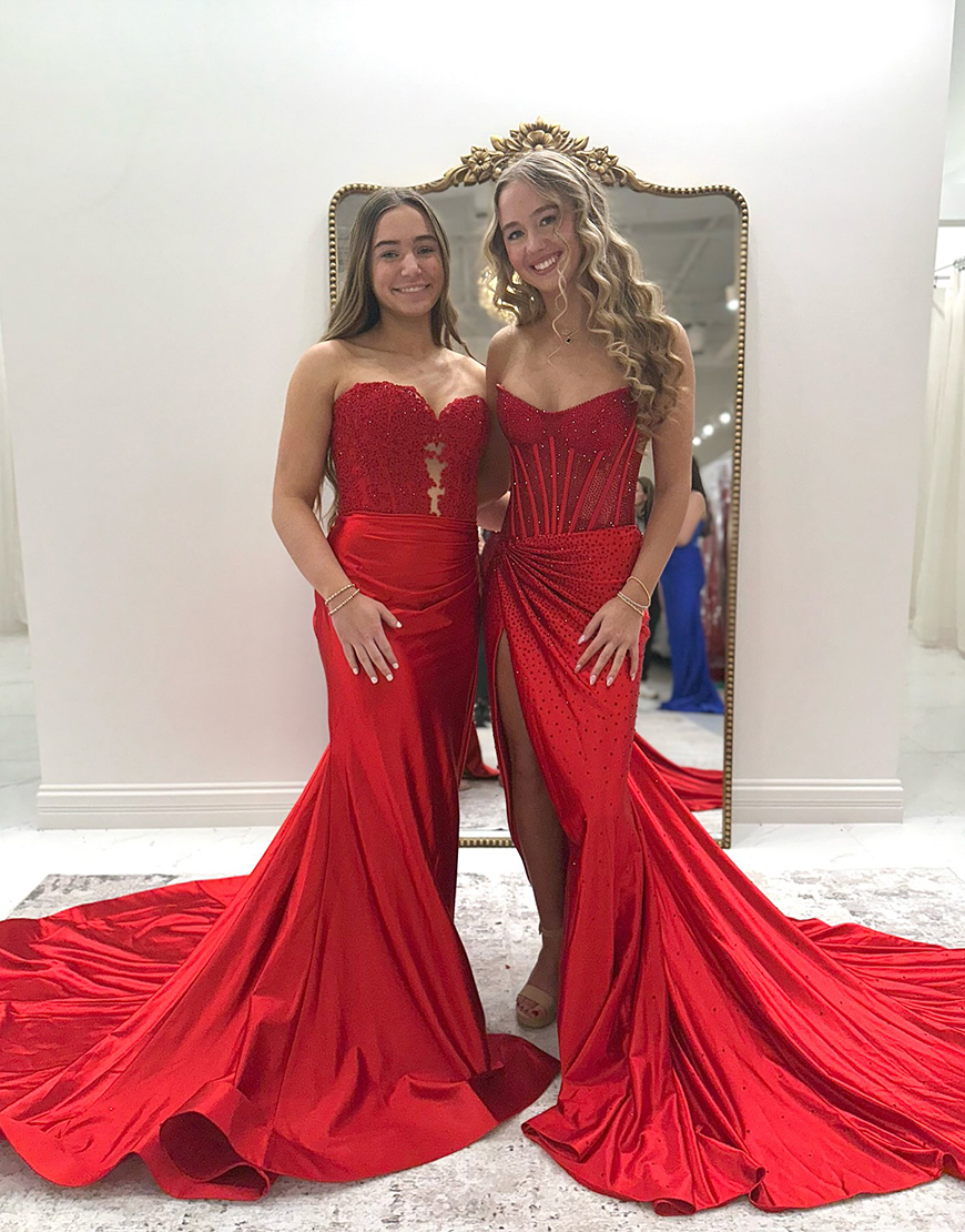 Sparkly Golden Mermaid Strapless Beaded Corset Ruched Long Prom Dress with Slit