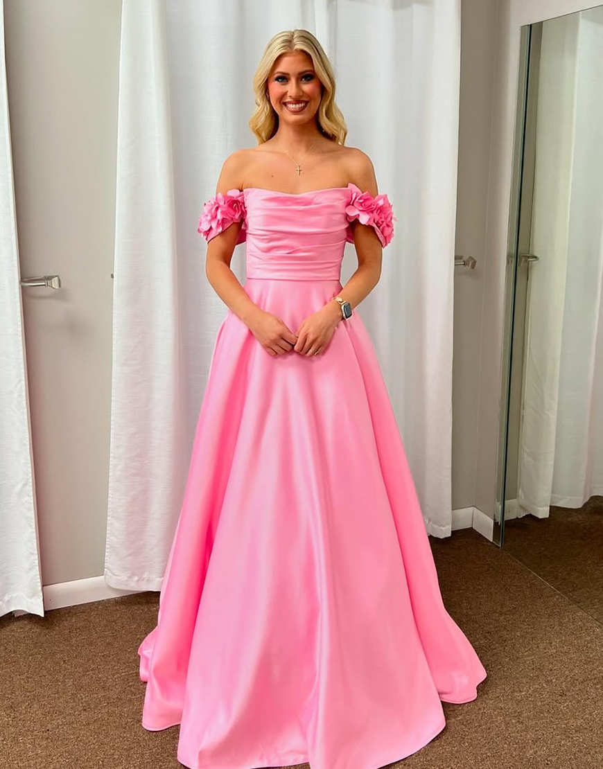 Elegant Pink A-Line Strapless Corset Long Prom Dress with Flower