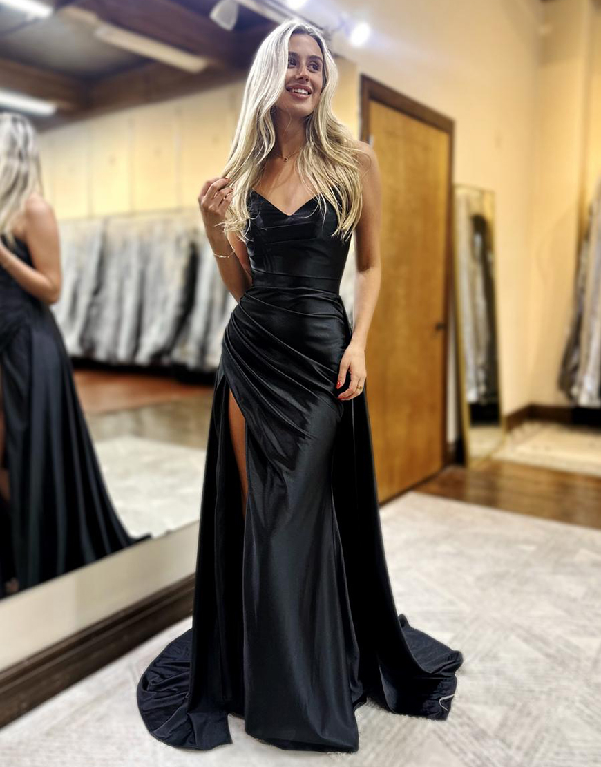 Black Mermaid Strapless Ruched Slit Long Prom Dress with Sweeping Train