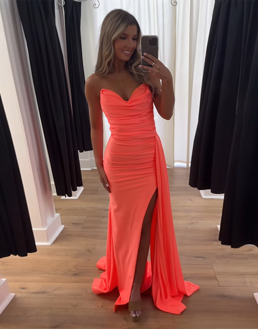 Black Mermaid Strapless Ruched Slit Long Prom Dress with Sweeping Train